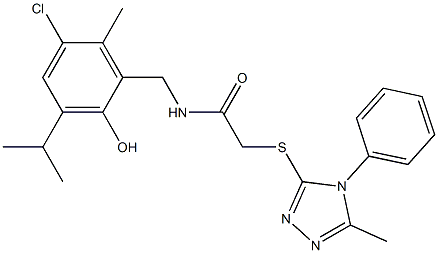 N-[(5-chloro-2-hydroxy-6-methyl-3-propan-2-ylphenyl)methyl]-2-[(5-methyl-4-phenyl-1,2,4-triazol-3-yl)sulfanyl]acetamide 구조식 이미지