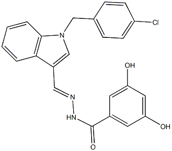 N-[(E)-[1-[(4-chlorophenyl)methyl]indol-3-yl]methylideneamino]-3,5-dihydroxybenzamide 구조식 이미지
