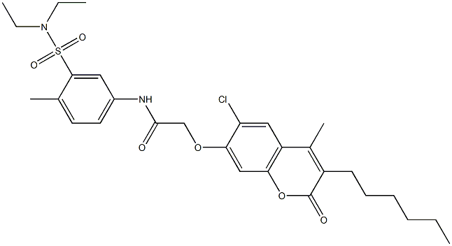 2-(6-chloro-3-hexyl-4-methyl-2-oxochromen-7-yl)oxy-N-[3-(diethylsulfamoyl)-4-methylphenyl]acetamide 구조식 이미지