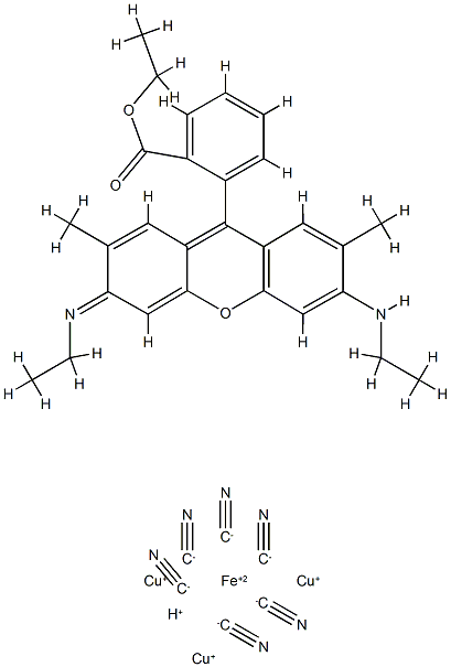 트리코퍼(1+)하이드로젠헥사키스(시아노-C)페레이트(4-),에틸o-[6-(에틸아미노)-3-(에틸이미노)-2,7-디메틸-3H-크산텐-9-일]과의화합물벤조에이트(1:1) 구조식 이미지
