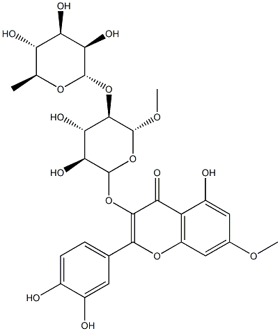 4H-1-Benzopyran-4-one, 3-((2-O-(6-deoxy-alpha-L-mannopyranosyl)-beta-D -glucopyranosyl)oxy)-2-(3,4-dihydroxyphenyl)-5-hydroxy-7-methoxy- Structure