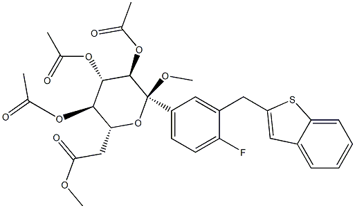 Methyl 2,3,4,6-tetra-O-acetyl-1-C-[3-(1-benzothien-2-ylmethyl)-4-fluorophenyl]-alpha-glucopyranoside Structure