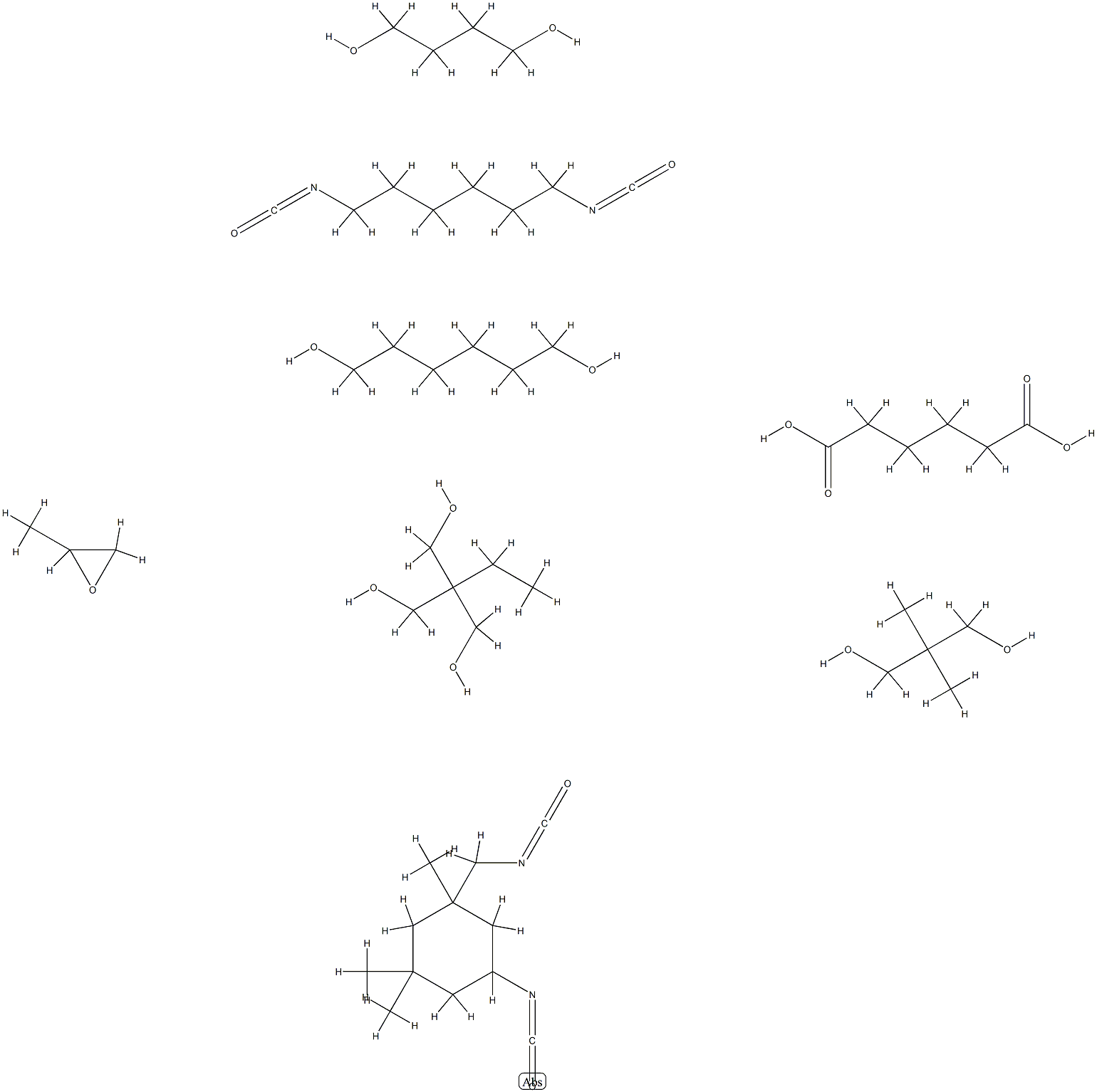 헥산디오산,1,4-부탄디올중합체,1,6-디이소시아나토헥산,2,2-디메틸-1,3-프로판디올,2-에틸-2-(히드록시메틸)-1,3-프로판디올,1,6-헥산디올,5-이소시아네이토-1-(이소시아네이토메틸)-1,3,3-트리메틸시클로헥산및메틸옥시란 구조식 이미지