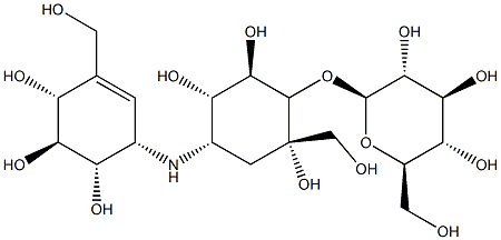 1-O-β-D-Glucopyranosyl-2-C-(hydroxymethyl)-4-[[(1S,4R,5S,6S)-4,5,6-trihydroxy-3-(hydroxymethyl)-2-cyclohexen-1-yl]amino]-3,4-dideoxy-D-epi-inositol 구조식 이미지