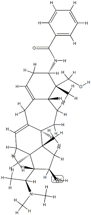 N-[(20S)-20-(Dimethylamino)-16α-hydroxy-4β-hydroxymethyl-4,14-dimethyl-B(9a)-homo-19-nor-5α-pregna-1(10),9(11)-dien-3β-yl]benzamide 구조식 이미지