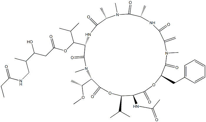 L-Threonine,(3R)-N-acetyl-3-hydroxy-L-leucyl-(aR)-a-hydroxybenzenepropanoyl-2,3-didehydro-N-methylalanyl-L-alanyl-N-methyl-L-alanyl-(3R)-3-[[(2S,3R)-3-hydroxy-4-methyl-1-oxo-2-[(1-oxopropyl)amino]pentyl]oxy]-L-leucyl-N,O-dimethyl-,(7(R)1)-lactone (9CI) Structure