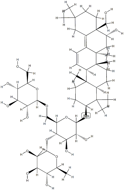 b-D-Glucopyranoside, (3b,16a)-16,28-dihydroxyoleana-11,13(18)-dien-3-yl O-6-deoxy-a-L-mannopyranosyl-(1(R)4)-O-[b-D-glucopyranosyl-(1(R)6)]- (9CI) 구조식 이미지