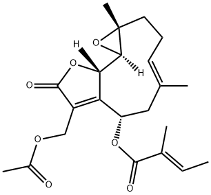 (E)-2-Methyl-2-butenoic acid [(1aR,4E,7S,10aS,10bR)-8-acetoxymethyl-1a,2,3,6,7,9,10a,10b-octahydro-1a,5-dimethyl-9-oxooxireno[9,10]cyclodeca[1,2-b]furan-7-yl] ester 구조식 이미지