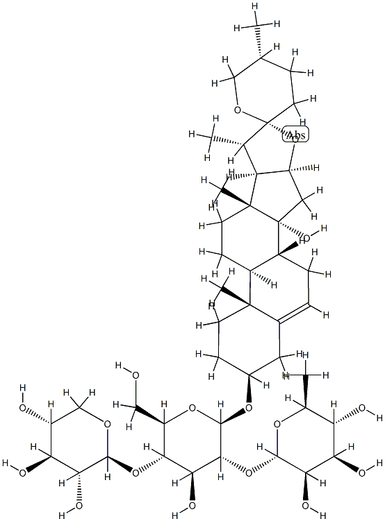 (3beta,25R)-14-Hydroxyspirost-5-en-3-yl O-6-deoxy-alpha-L-mannopyranosyl-(1-2)-O-[beta-D-xylopyranosyl-(1-4)]-beta-D-glucopyranoside 구조식 이미지