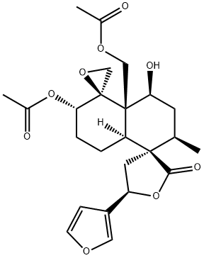 (2'R,3R,5S,5'R)-6'β-Acetoxy-4'aα-acetoxymethyl-5-(3-furanyl)-4'β-hydroxy-2'α-methyl-4,5-dihydrodispiro[furan-3(2H),1'-decalin-5',2''-oxiran]-2-one 구조식 이미지