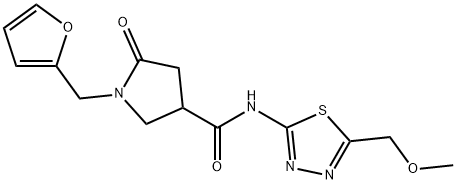 1-(furan-2-ylmethyl)-N-[(2E)-5-(methoxymethyl)-1,3,4-thiadiazol-2(3H)-ylidene]-5-oxopyrrolidine-3-carboxamide 구조식 이미지