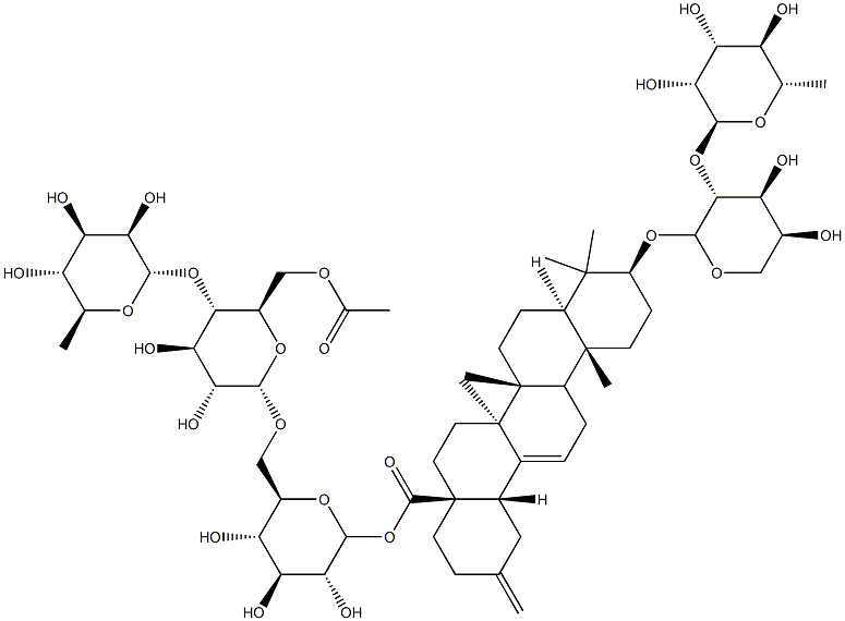 30-Noroleana-12,20(29)-dien-28-oicacid, 3-[[2-O-(6-deoxy-a-L-mannopyranosyl)-a-L-arabinopyranosyl]oxy]-, O-6-deoxy-a-L-mannopyranosyl-(1(R)4)-O-6-O-acetyl-b-D-glucopyranosyl-(1(R)6)-b-D-glucopyranosyl ester, (3b)- Structure