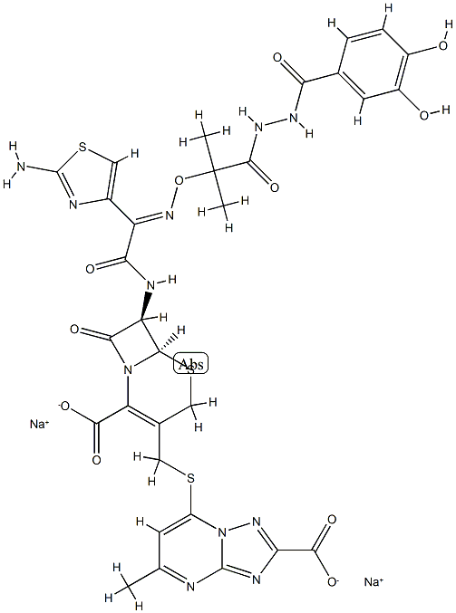 7-(((-7-(2-(2-Amino-4-thiazolyl)-2-((1-(3-(3,4-dihydroxybenzoyl)carbaz oyl)-1-methylethoxy)imino)acetamido)-2-carboxy-8-oxo-5-thia-1-azabicyc lo(4.2.0)oct-2-en-3-yl)methyl)thio-5-methyl)-(1,2,4)triazolo(1,5-1)pyr imidine-2-carboxylic acid Structure