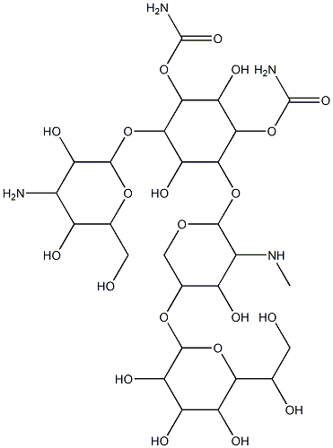 [2-[4-amino-3,5-dihydroxy-6-(hydroxymethyl)oxan-2-yl]oxy-5-carbamoylox y-4-[5-[6-(1,2-dihydroxyethyl)-3,4,5-trihydroxy-oxan-2-yl]oxy-4-hydrox y-3-methylamino-oxan-2-yl]oxy-3,6-dihydroxy-cyclohexyl] carbamate 구조식 이미지