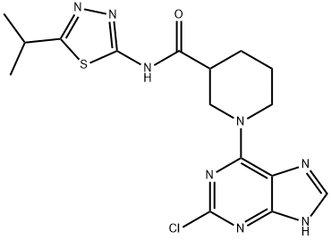 1-(2-chloro-9H-purin-6-yl)-N-[(2E)-5-(propan-2-yl)-1,3,4-thiadiazol-2(3H)-ylidene]piperidine-3-carboxamide 구조식 이미지