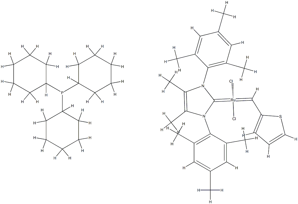 트리시클로헥실포스핀[4,5-디메틸-1,3-비스(2,4,6-트리메틸페닐)이미다졸-2-일리덴][2-티에닐메틸렌]루테늄(II)디클로라이드 구조식 이미지