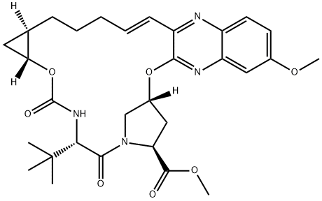 8H-7,10-Methanocyclopropa[18,19][1,10,3,6]dioxadiazacyclononadecino[11,12-b]quinoxaline-8-carboxylic acid, 5-(1,1-diMethylethyl)-1,1a,3,4,5,6,9,10,20,21,22,22a-dodecahydro-14-Methoxy-3,6-dioxo-, Methyl ester, (1aR,5S,8S,10R,18E,22aR)- Structure