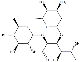 3-O-(3-Amino-2,3,6-trideoxy-β-D-arabino-hexopyranosyl)-2-O-(6-deoxy-β-D-glucopyranosyl)-6-deoxy-D-glucose 구조식 이미지