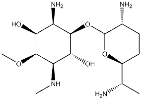 6-Amino-3,6-dideoxy-5-O-(2,6-diamino-2,3,4,6,7-pentadeoxy-β-L-lyxo-heptopyranosyl)-2-O-methyl-3-(methylamino)-D-myo-inositol 구조식 이미지