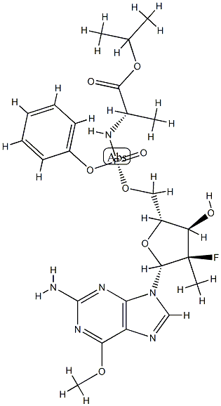 N-[[P(S),2'R]-2'-Deoxy-2'-fluoro-2'-Methyl-6-O-Methyl-P-phenyl-5'-guanylyl]- L-alanine 1-Methylethyl ester Structure