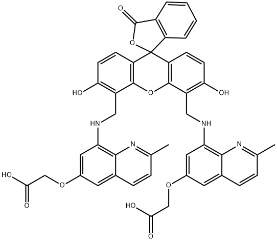 2-{4,5-Bis[(6-(2-ethoxy-2-oxohydroxy)-2-methylquinolin-8-ylamino)methyl]-6-hydoxy-3-oxo-3H-xanthen-9-yl}benzoic acid FL2A 구조식 이미지