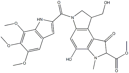 Benzo1,2-b:4,3-bdipyrrole-2-carboxylic acid, 1,2,3,6,7,8-hexahydro-4-hydroxy-8-(hydroxymethyl)-2-methyl-1-oxo-6-(5,6,7-trimethoxy-1H-indol-2-yl)carbonyl-, methyl ester 구조식 이미지