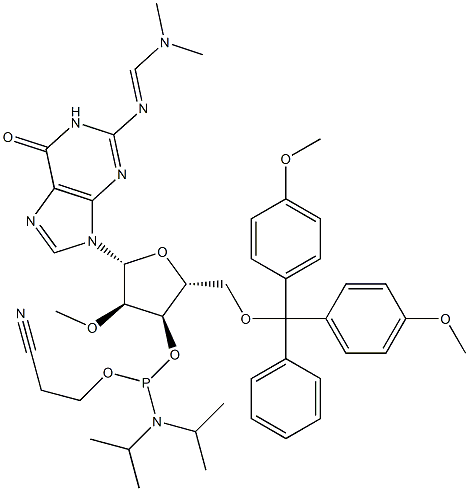 2'-O-Methyl-N2-dimethylformamide-5'-O-DMT-Guanosine-3'-CE-Phosphoramidite 구조식 이미지
