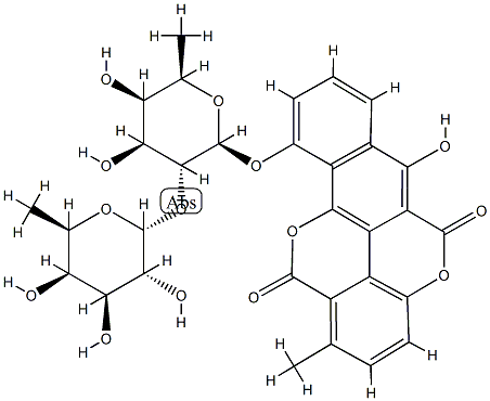 Benzo(h)(1)benzopyrano(5,4,3-cde)(1)benzopyran-5,12-dione, 10-((6-deox y-2-O-(6-deoxy-alpha-D-galactopyranosyl)-beta-D-galactopyranosyl)oxy)- 6-hydroxy-1-methyl- Structure