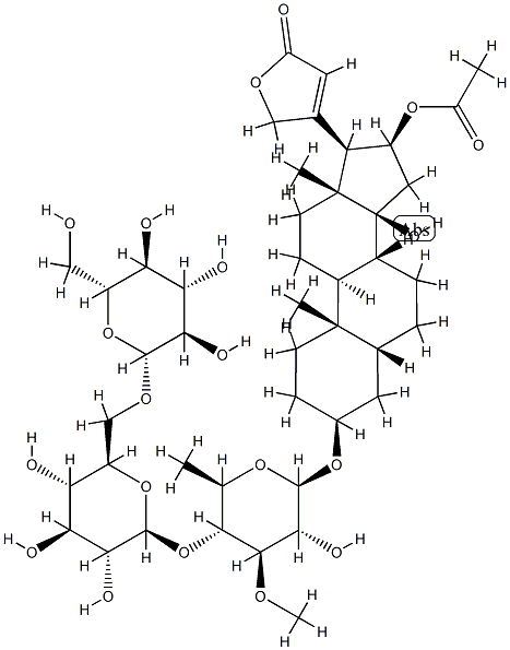 16β-(Acetyloxy)-3β-[[4-O-[6-O-(β-D-glucopyranosyl)-β-D-glucopyranosyl]-6-deoxy-3-O-methyl-β-D-glucopyranosyl]oxy]-14-hydroxy-5β-card-20(22)-enolide 구조식 이미지