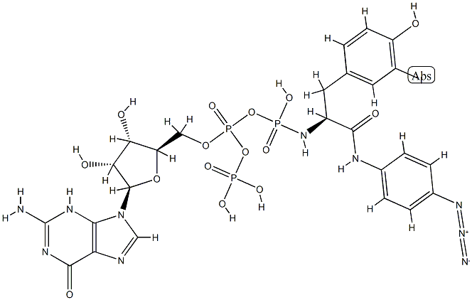 구아노신5'-(삼수소이인산)-N-(4-아지도페닐)-2-포스포르아미도-3-(4-히드록시-3-요오도페닐)프로피온아미드모노무수물 구조식 이미지