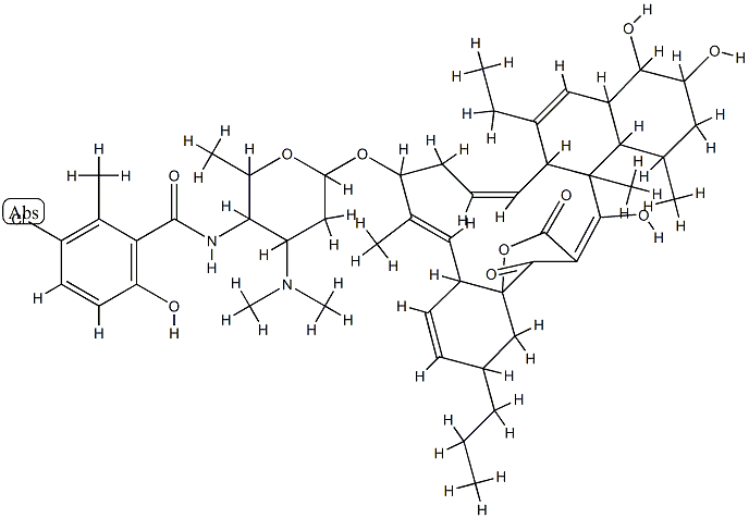 17-O-(4-((3-Chloro-6-hydroxy-2-methylbenzoyl)amino)-2,3,4,6-tetradeoxy -3-(dimethylamino)-beta-D-lyxo-hexopyranosyl)-22-de(hydroxymethyl)-8,1 4,23-tridemethyl-12-ethyl-8-hydroxy-23-propylkijanolide 구조식 이미지