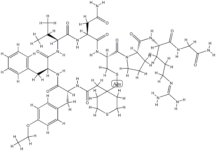 (2S)-1-[(10R,13S,16S,19S,22R)-19-benzyl-13-(carbamoylmethyl)-22-[(4-et hoxyphenyl)methyl]-12,15,18,21,24-pentaoxo-16-propan-2-yl-3,7,8-trithi a-11,14,17,20,23-pentazaspiro[5.19]pentacosane-10-carbonyl]-N-[(1S)-1- (carbamoylmethylcarbamoyl)-4-(diaminomethylideneamino)butyl]pyrrolidin e-2-carboxamide Structure