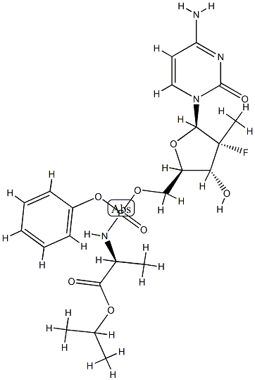 L-Alanine, N-[(2'R)-2'-deoxy-2'-fluoro-2'-methyl-P-phenyl-5'-cytidylyl]-,1-methylethyl ester Structure