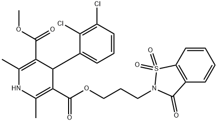 3,5-Pyridinedicarboxylic acid, 4-(2,3-dichlorophenyl)-1,4-dihydro-2,6-dimethyl-, methyl 3-(3-oxo-1,2-benzisothiazol-2(3H)-yl)propyl ester, S,S-dioxide 구조식 이미지