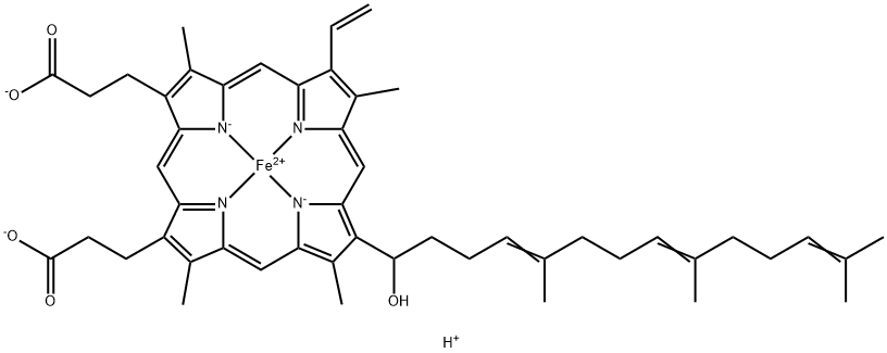 (7-ethenyl-12-(1-hydroxy-5,9,13-trimethyl-4,8,12-tetradecatrienyl)-3,8,13,17-tetramethyl-21H,23H-porphine-2,18-dipropanoato(4-)-N21,N22,N23,N24)-Ferrate(2-) 구조식 이미지