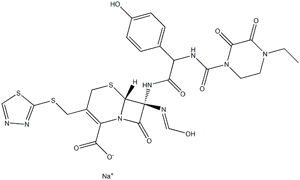 (7R)-3-[[(1,3,4-Thiadiazol-2-yl)thio]methyl]-7-formylamino-7β-[[(4-hydroxyphenyl)[[(4-ethyl-2,3-dioxopiperazin-1-yl)carbonyl]amino]acetyl]amino]cepham-3-ene-4-carboxylic acid sodium salt 구조식 이미지