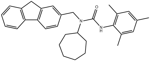 N-사이클로헵틸-N-(9H-플루오렌-2-일메틸)-N'-(2,4,6-트리메틸페닐)우레아 구조식 이미지