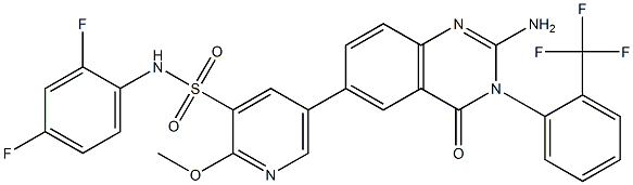 "5-(2-amino-4-oxo-3-(2-(trifluoromethyl)phenyl)-3,4-dihydroquinazolin-6-yl)-N-(2,4-difluorophenyl)-2-methoxypyridine-3-sulfonamide " Structure