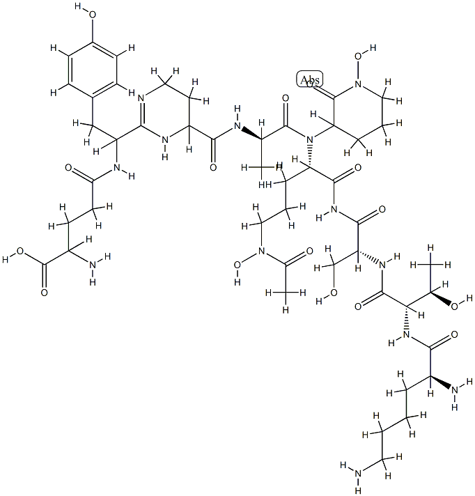 4-[[1-[4-[[(1R)-1-[[(1S)-4-(acetyl-hydroxy-amino)-1-[[(2R)-2-[[(2S,3R) -2-[[(2S)-2,6-diaminohexanoyl]amino]-3-hydroxy-butanoyl]amino]-3-hydro xy-propanoyl]carbamoyl]butyl]-(1-hydroxy-2-oxo-3-piperidyl)carbamoyl]e thyl]carbamoyl]-3,4,5,6-tetrahydropyrimidin-2-yl]-2-(4-hydroxyphenyl)e thyl]carbamoyl]-2-amino-butanoic acid 구조식 이미지