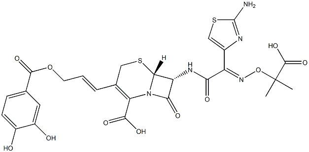 7-(2-(2-aminothiazol-4-yl)- 2-(1-carboxyl-1-methylethoxyimino)acetamido)-3-(3-(3,4-dihydroxybenzoyloxy)-1-propen-1-yl)-3-cephem-4-carboxylic acid 구조식 이미지