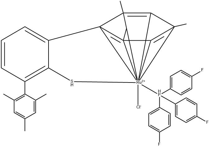 Chloro[(1,2,3,4,5,6-eta)-2,2'',4,4'',6,6''-hexamethyl[1,1':3',1''-terphenyl]-2'-thiolato-kappaS][tris(4-fluorophenyl)phosphine-kappaP]ruthenium(II) Structure