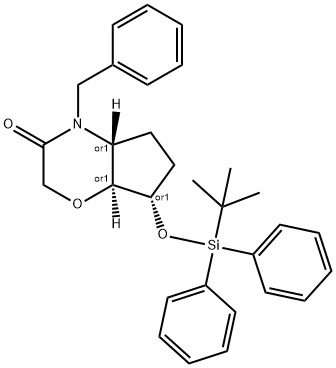 Racemic-(4aS,7R,7aR)-4-benzyl-7-(tert-butyldiphenylsilyloxy)hexahydrocyclopenta[b][1,4]oxazin-3(2H)-one(WX111374) 구조식 이미지