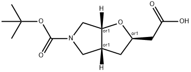 Racemic-2-((2S,3aS,6aS)-5-(tert-butoxycarbonyl)hexahydro-2H-furo[2,3-c]pyrrol-2-yl)acetic acid 구조식 이미지