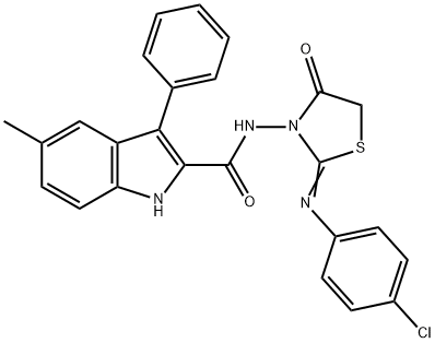 N-[2-(4-chlorophenyl)imino-4-oxo-thiazolidin-3-yl]-5-methyl-3-phenyl-1 H-indole-2-carboxamide 구조식 이미지