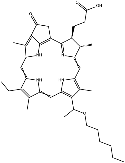 14-Ethyl-9-(1-(hexyloxy)ethyl)-4,8,13,18-tetramethyl-20-oxo-3-phorbine propanoic acid 구조식 이미지