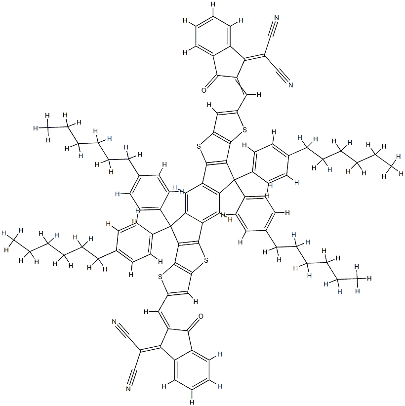 2,2'-[[6,6,12,12-tetrakis(4-hexylphenyl)-s-indacenodithieno[3,2-b]thiophene]methylidyne(3-oxo-1H-indene-2,1(3H)-diylidene)]]bis(propanedinitrile) 구조식 이미지