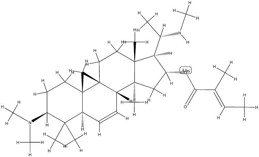 (20S)-4,4,14-Trimethyl-20-(methylamino)-3β-(dimethylamino)-9β,19-cyclo-5α-pregnan-6-en-16α-ol (E)-2-methyl-2-butenoate 구조식 이미지