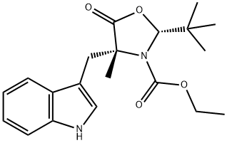 (2R,4R)-2-(tert-Butyl)-3-(ethoxycarbonyl)-4-(indol-3-yl-Methyl]-4-Methyl-1,3-oxazolidin-5-one Structure