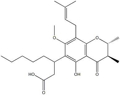 (2R,βR)-3,4-Dihydro-5-hydroxy-7-methoxy-2,3β-dimethyl-8-(3-methyl-2-butenyl)-4-oxo-β-pentyl-2H-1-benzopyran-6-propionic acid 구조식 이미지