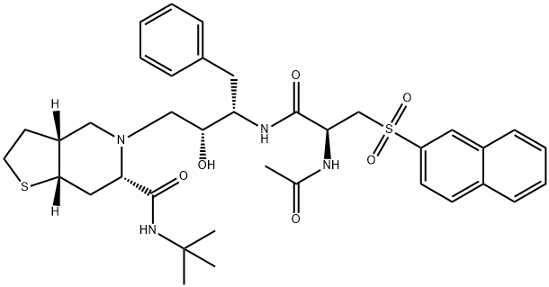 (1S,3S,6R)-4-[(2R,3S)-3-[[(2S)-2-acetamido-3-naphthalen-2-ylsulfonyl-p ropanoyl]amino]-2-hydroxy-4-phenyl-butyl]-N-tert-butyl-9-thia-4-azabic yclo[4.3.0]nonane-3-carboxamide 구조식 이미지